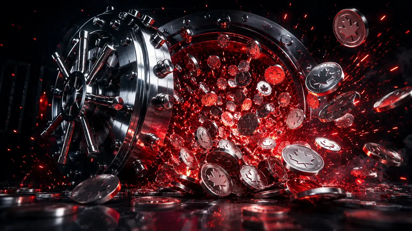 Chrome vault door bursting open with maple-leaf Sweeps Coin discs erupting in crimson sparks
