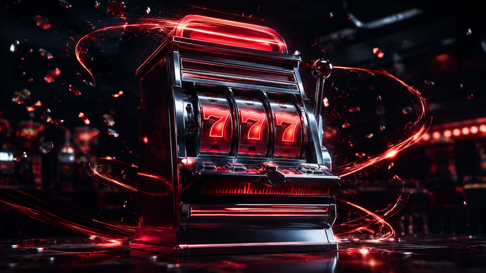 Sportzino Canada three-reel slot machine locked on triple sevens with crimson neon light trails