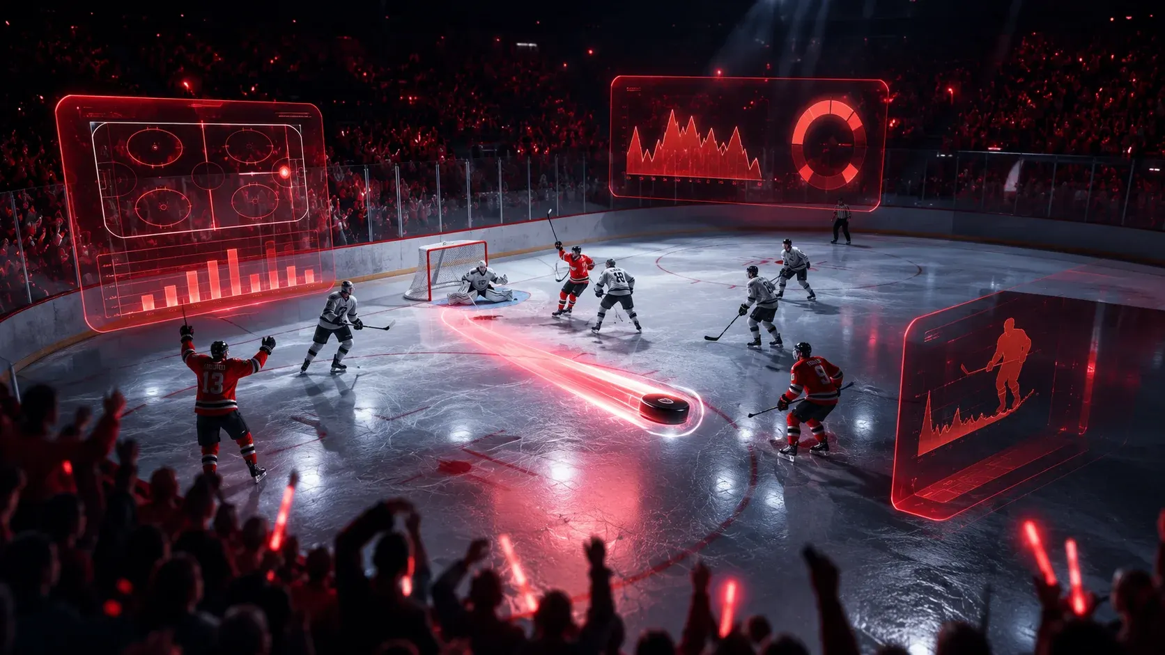 Sportzino Canadian NHL rink with red-jersey team scoring and overlaid crimson holographic stat panels